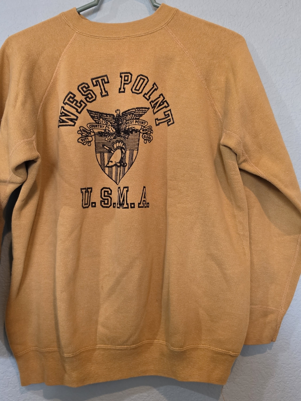Vtg 50s 60s Velva Sheen West Point USMA Flocked Raglan Sweatshirt Yellow Militar